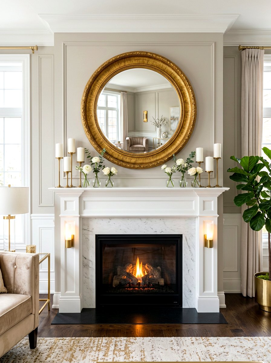 Round mirror fireplace - 30 mantel decor ideas