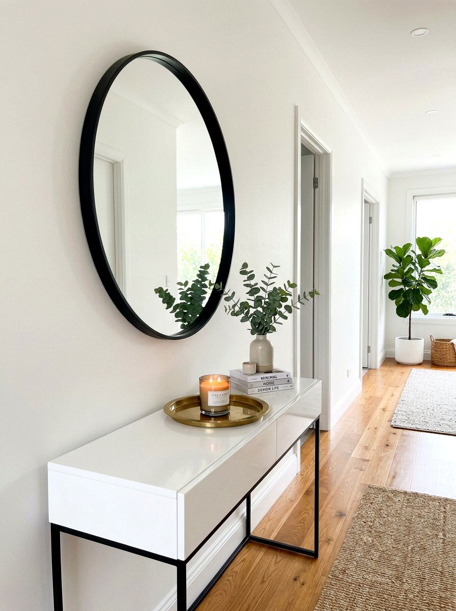 Round mirror over console - 30 hallway console styling ideas