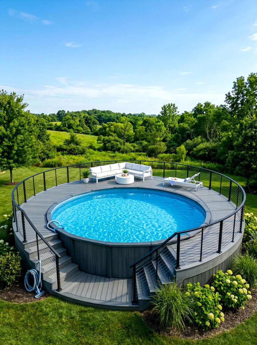 Round pool with composite decking - 30 above ground pool ideas
