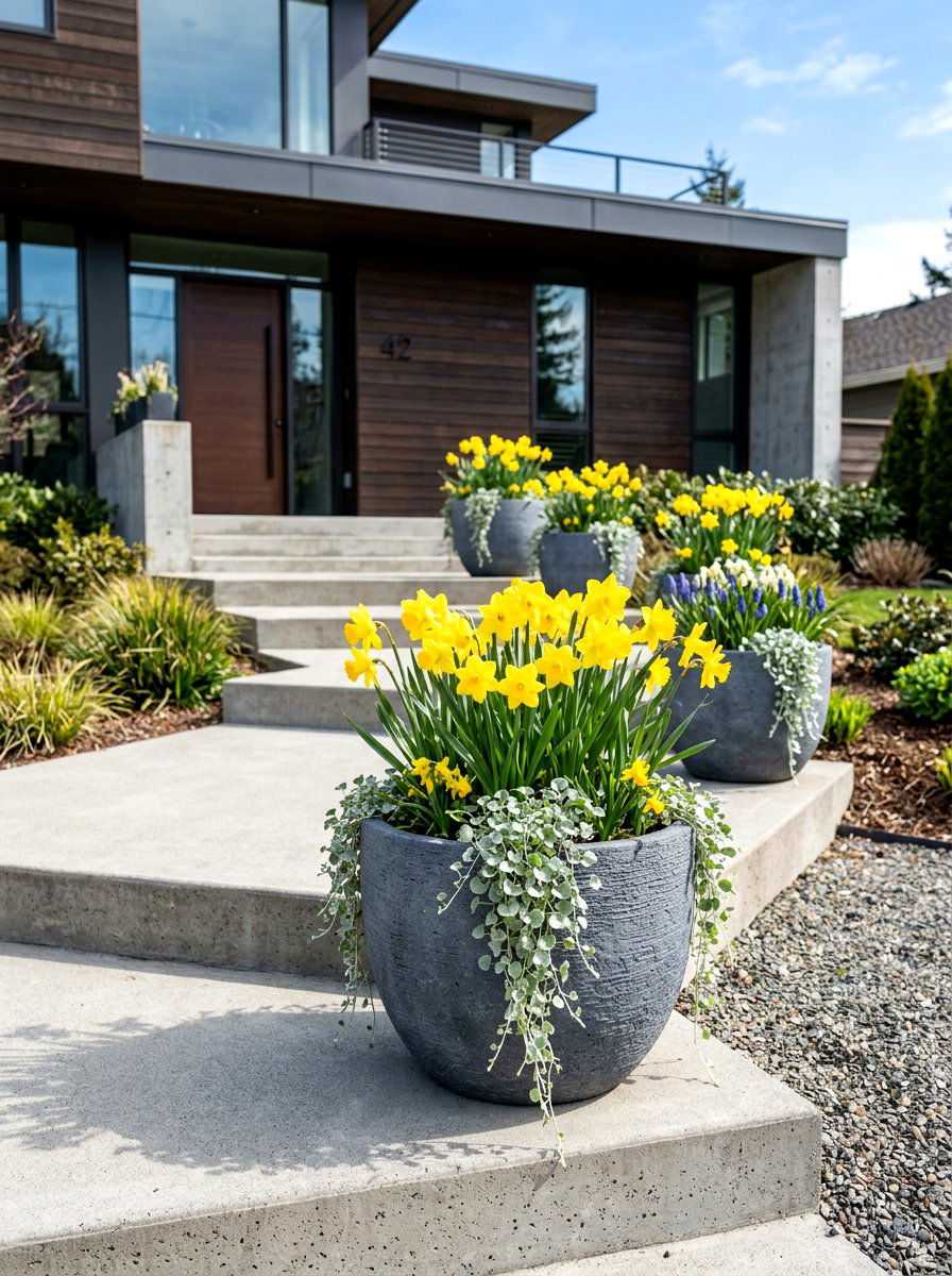 Round slate gray containers - 30 porch step planter ideas