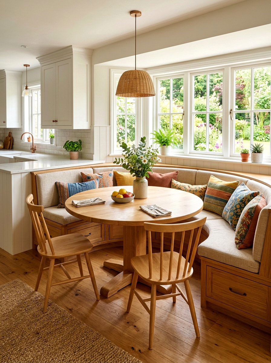 Round table with bench seating - 30 round dining table ideas