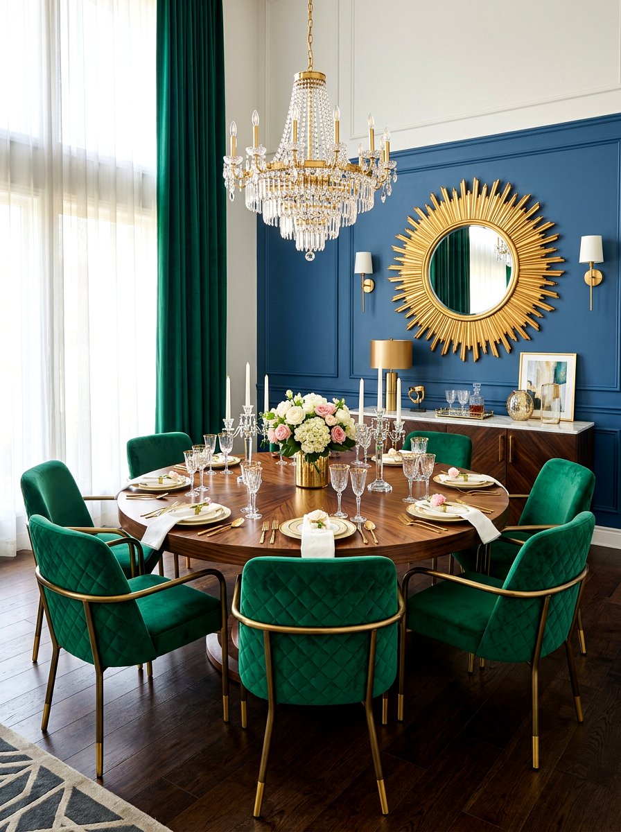 Round table with velvet chairs - 30 round dining table ideas
