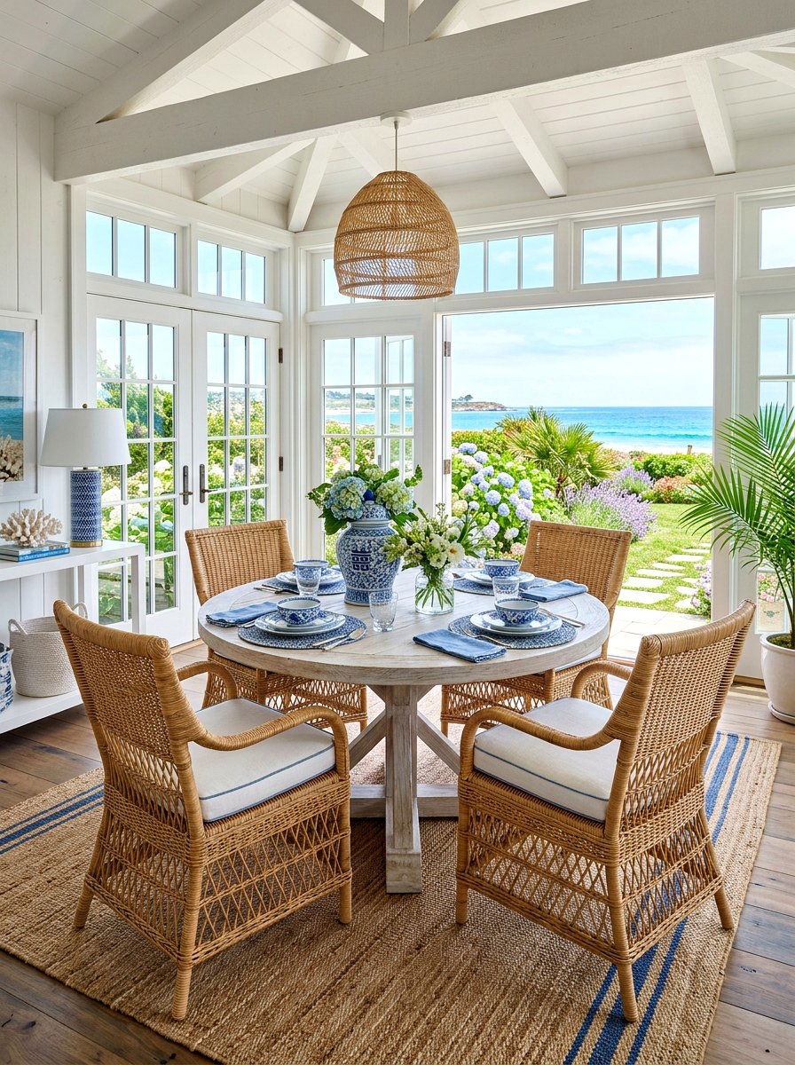 Round table with wicker chairs - 30 round dining table ideas