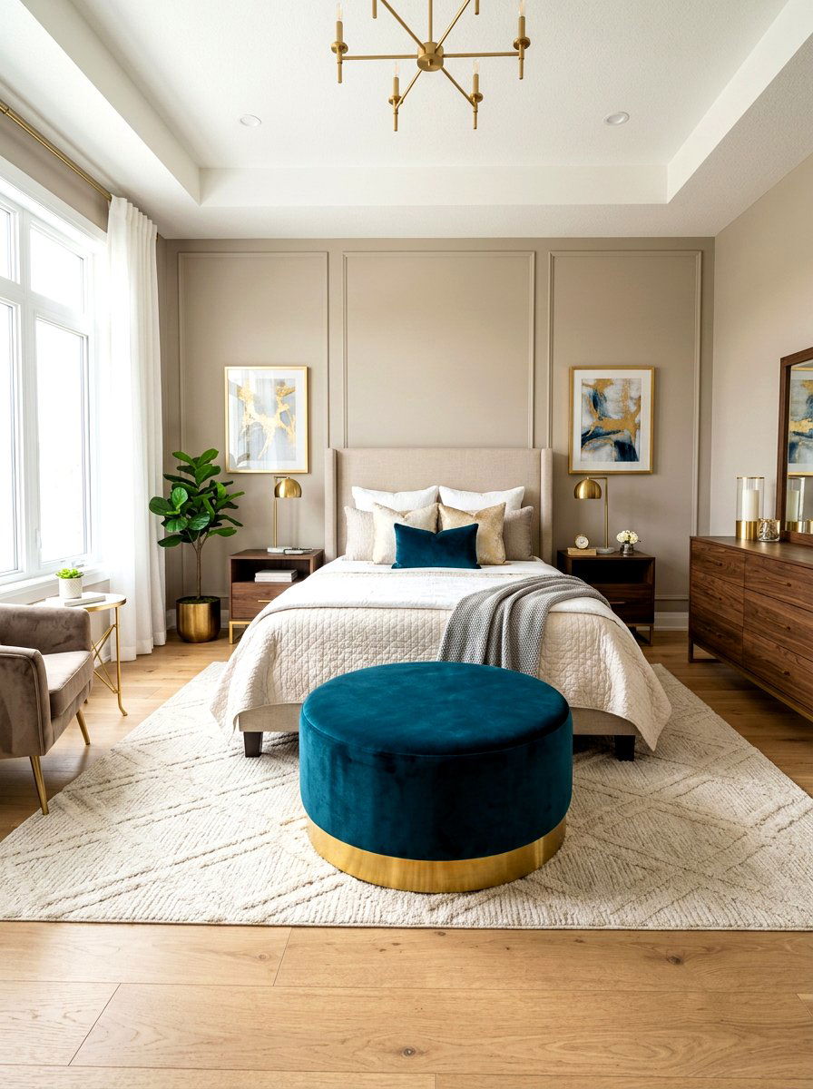 Round velvet ottoman - 30 neo deco bedroom ideas