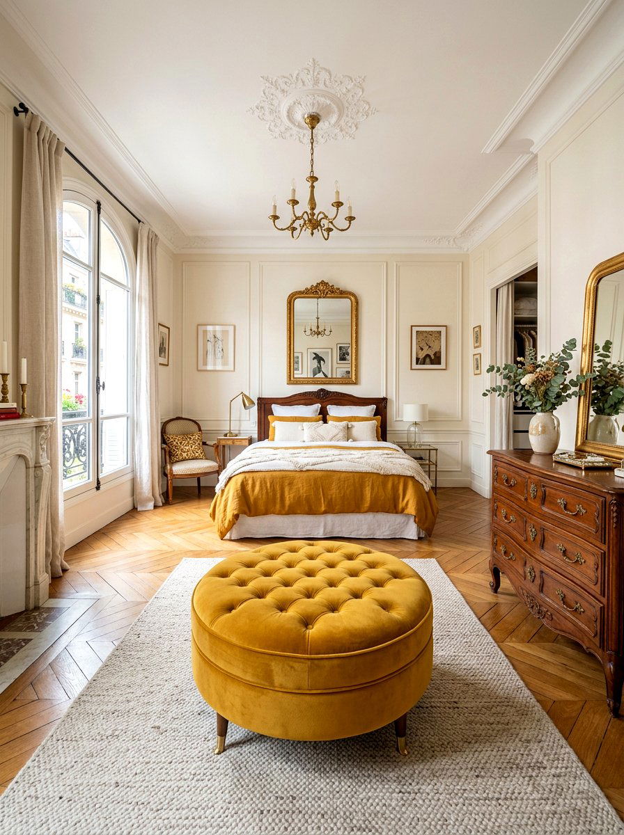 Round velvet ottoman - 30 Parisian hotel bedroom ideas