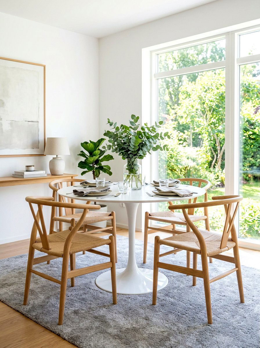 Round white tulip table with wishbone chairs - 30 tulip table decor ideas