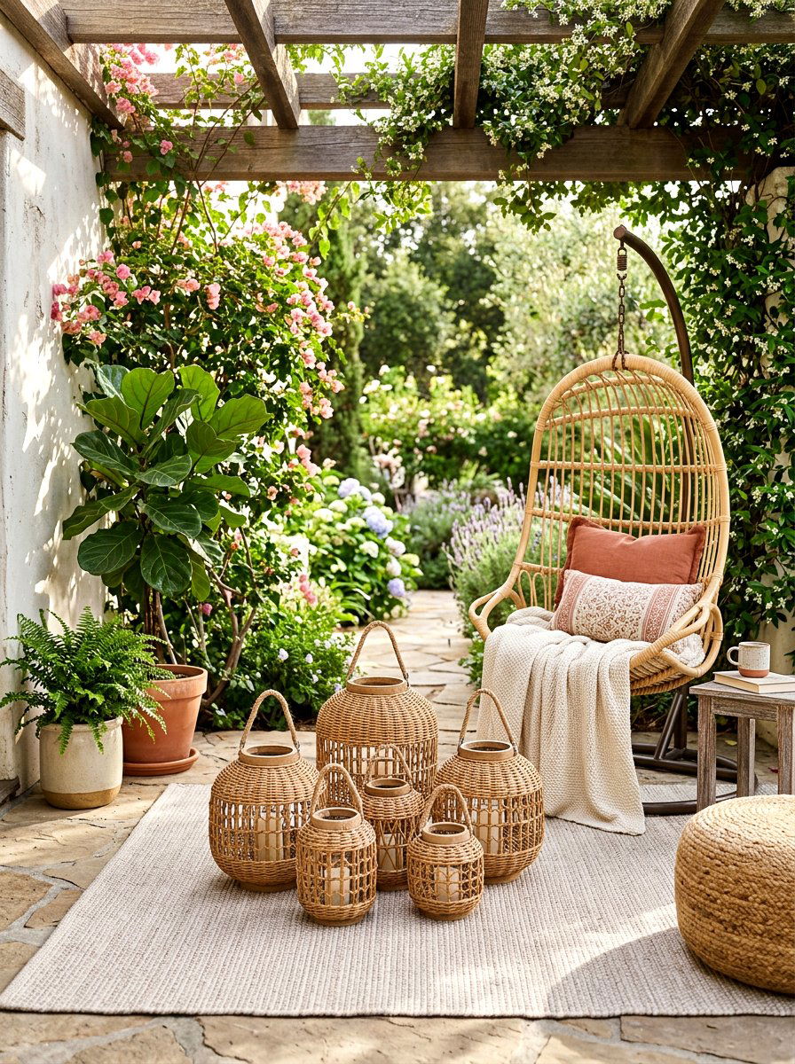 Round wicker lanterns - 30 lantern patio cluster ideas