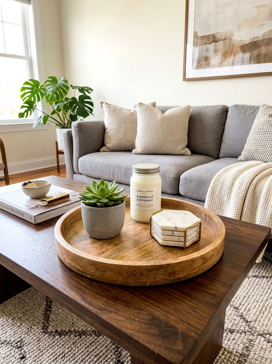Round wood tray styling - 30 coffee table tray styling ideas
