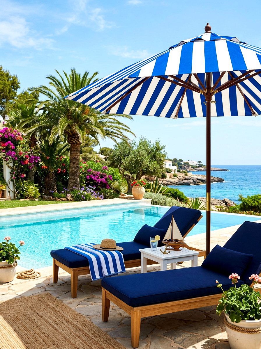 Royal Blue Striped Pool Umbrella - 30 poolside striped umbrellas ideas