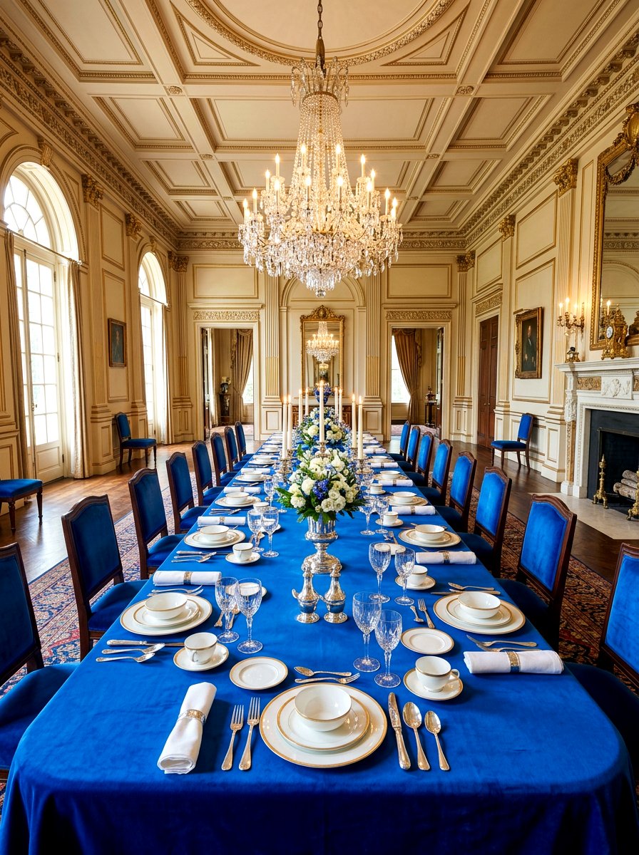 Royal Blue Velvet Table - 30 blue and white table decor ideas