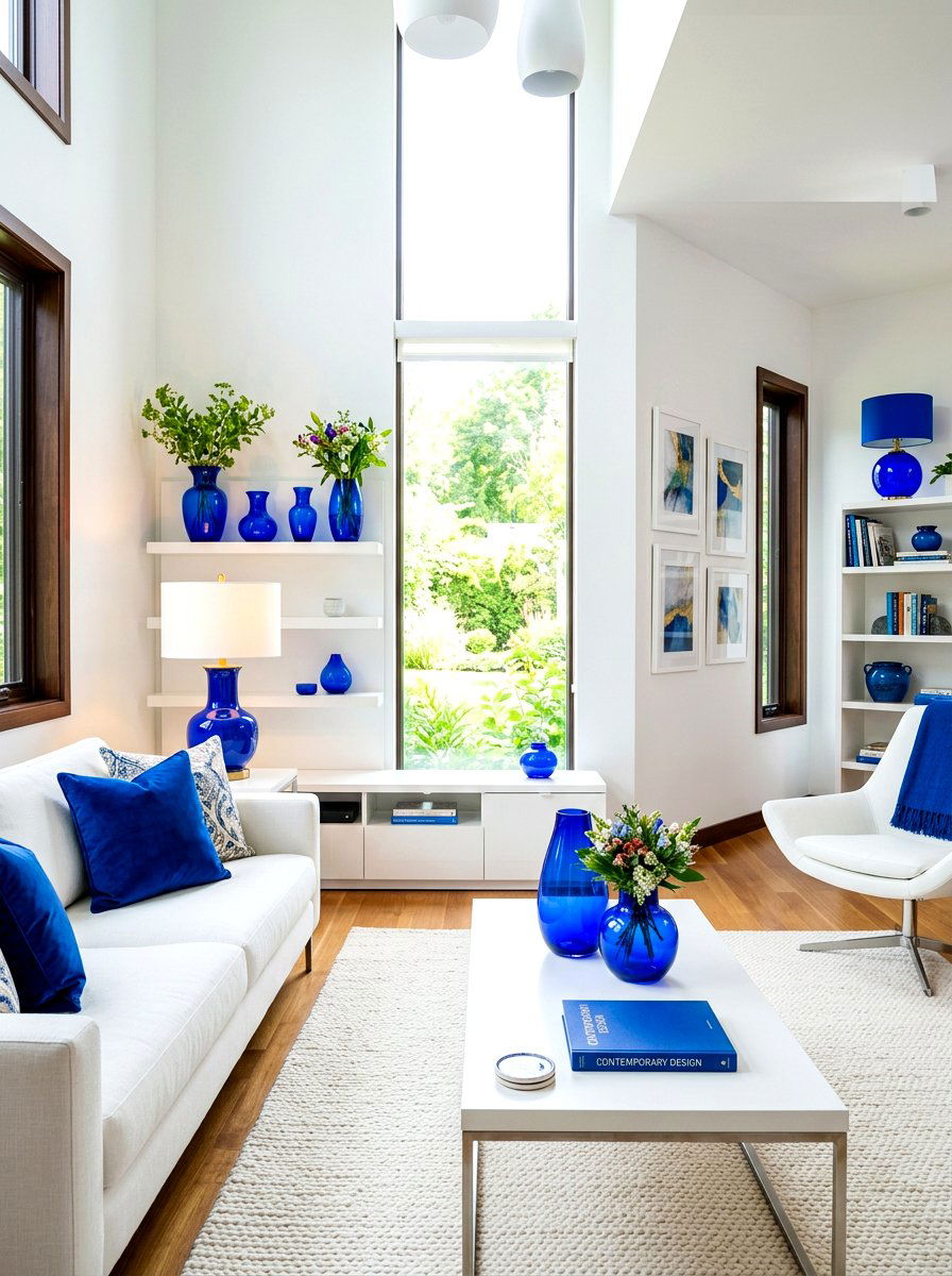 Royal blue accents - 30 blue and white living room decor ideas