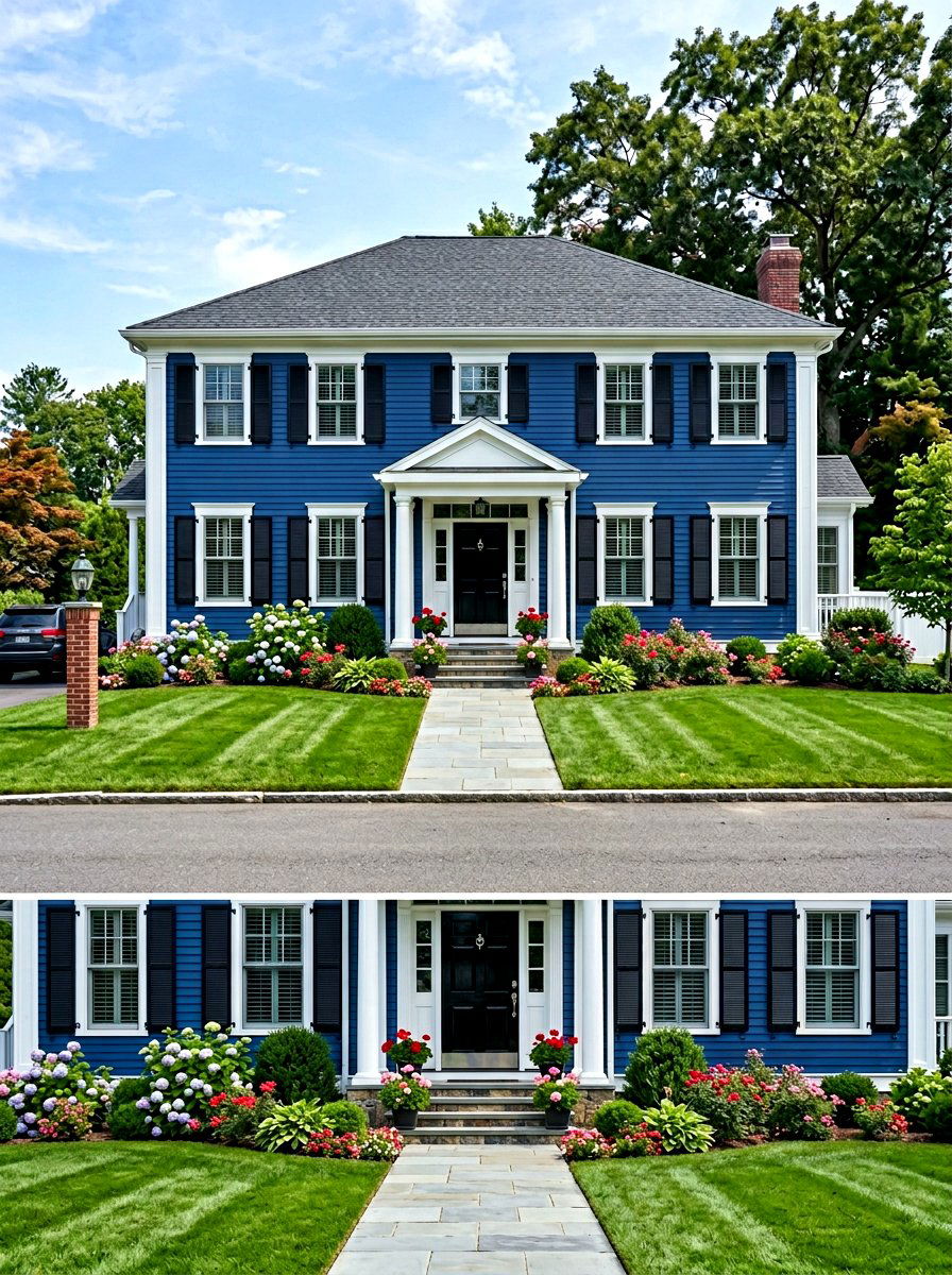 Royal blue siding black shutters - 30 blue house exterior ideas