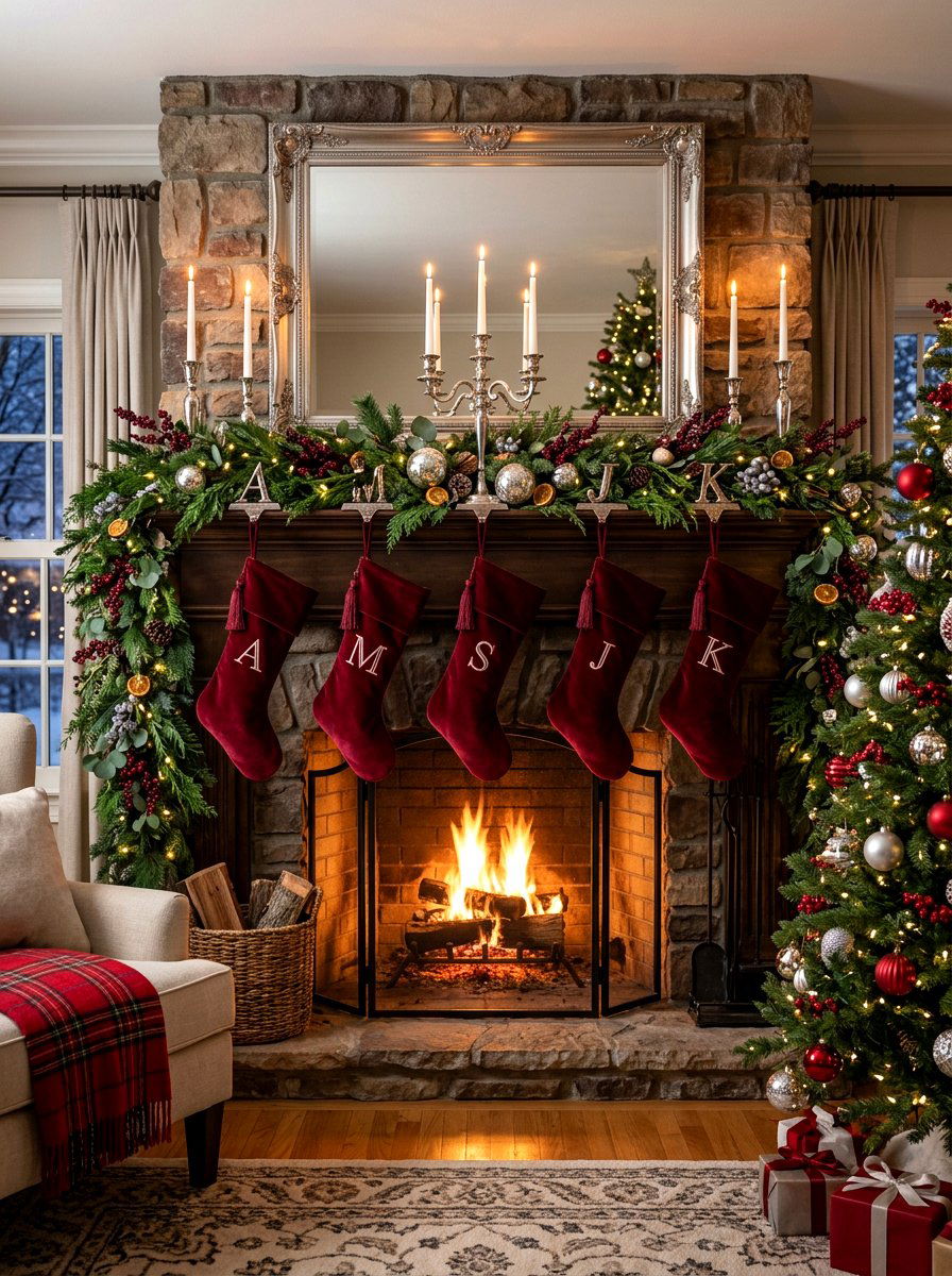 Ruby Red Festive Mantel Display - 30 jewel tone holiday decor ideas