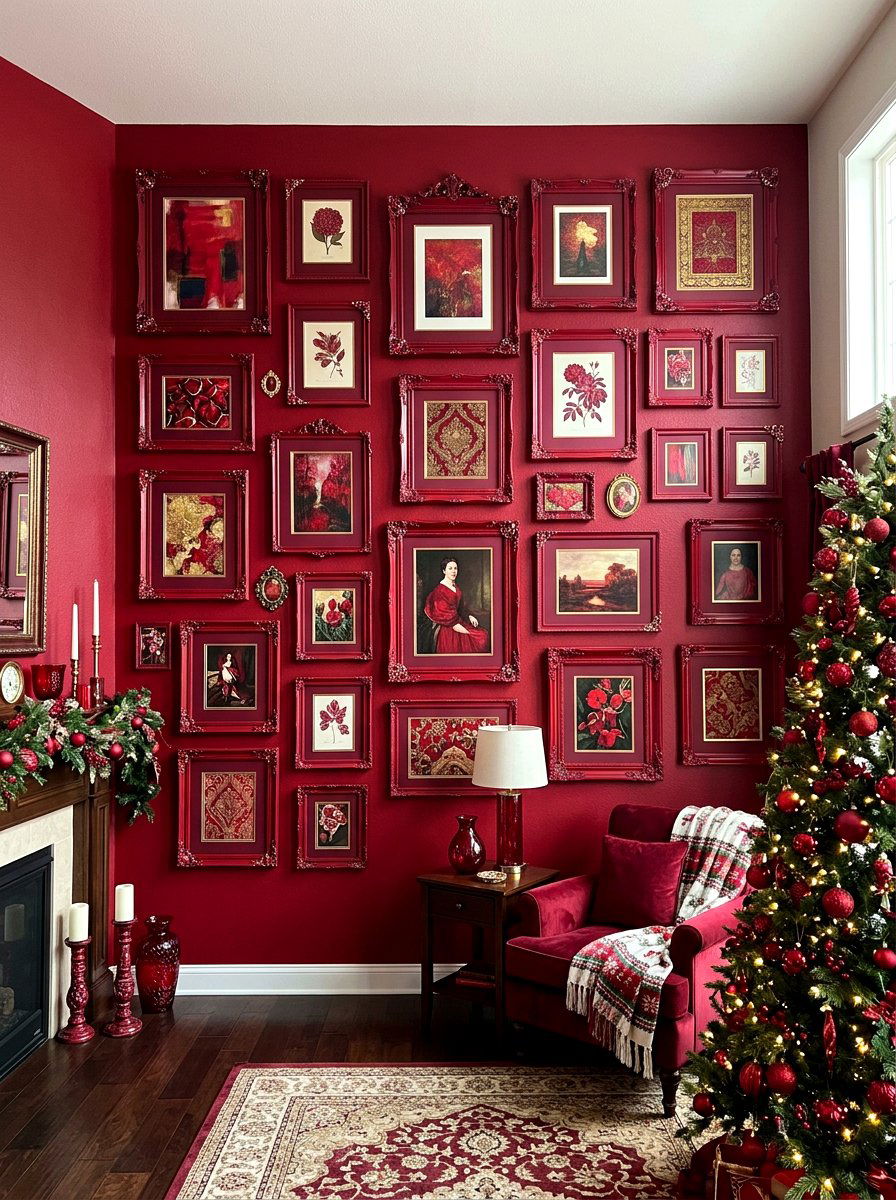 Ruby Red Gallery Wall Styling - 30 jewel tone holiday decor ideas