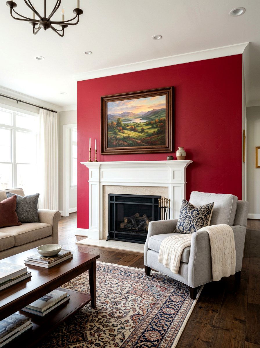 Ruby red accent wall - 30 ruby red living room ideas