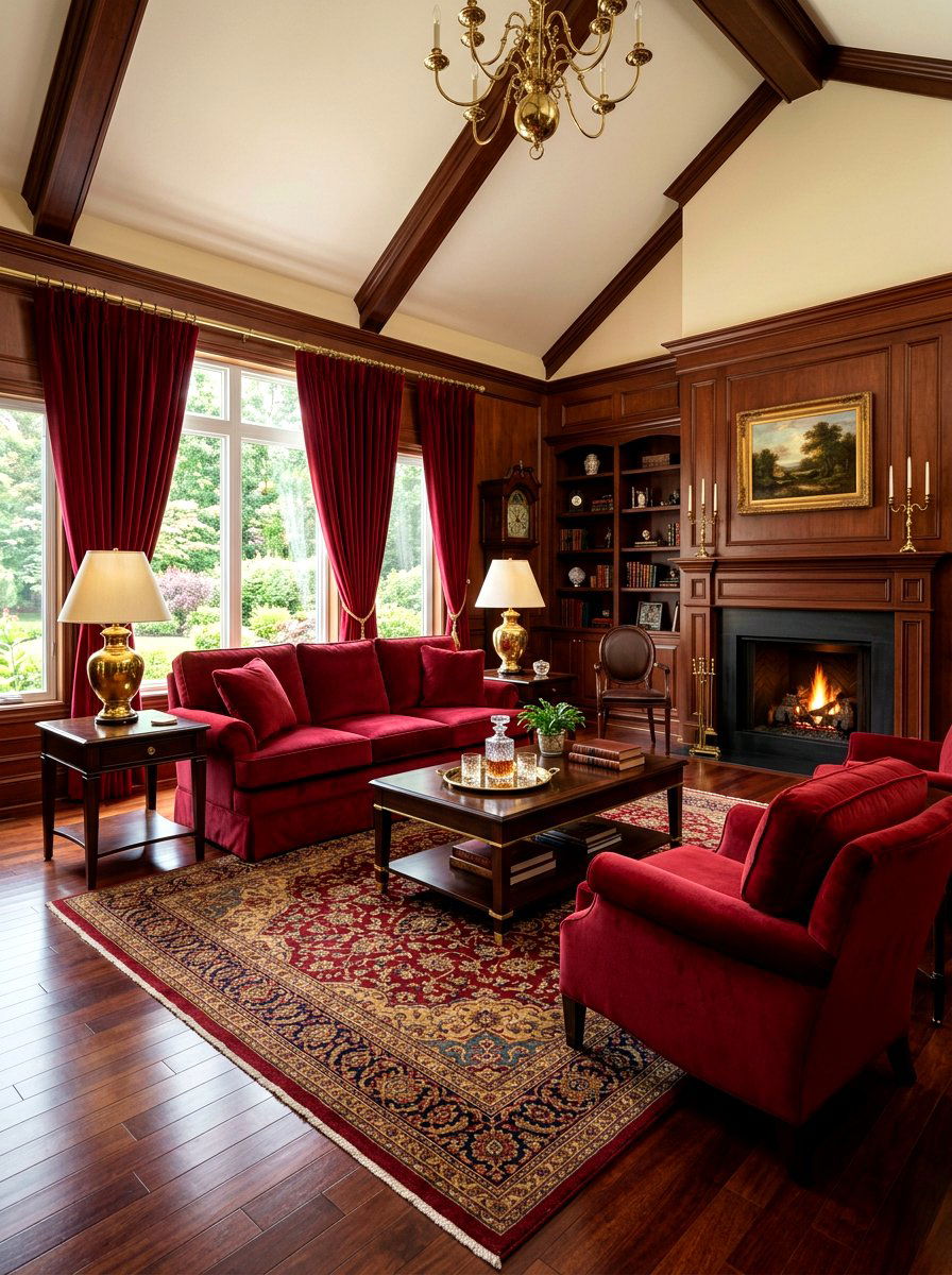 Ruby red and brown wood living room - 30 ruby red living room ideas