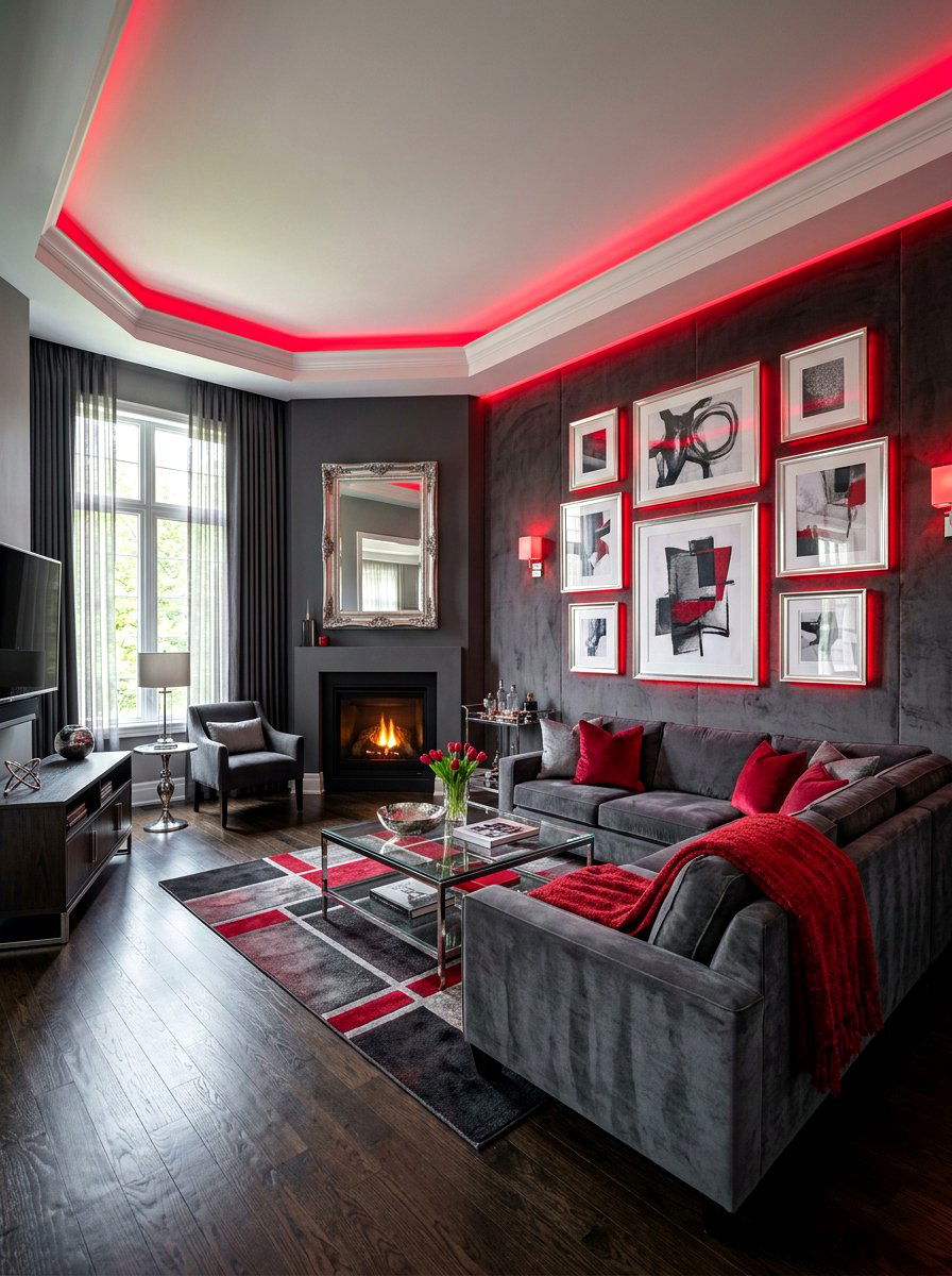 Ruby red and charcoal gray living room - 30 ruby red living room ideas