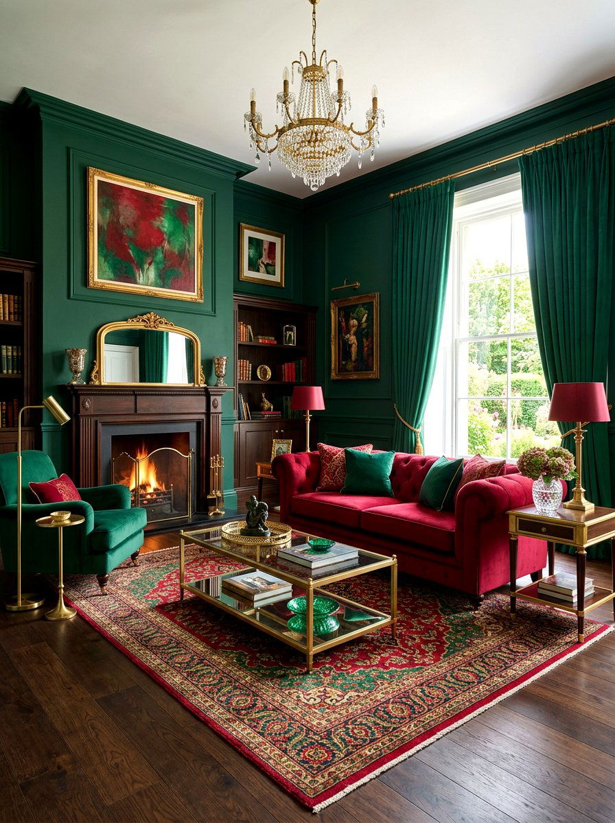 Ruby red and emerald green living room - 30 ruby red living room ideas