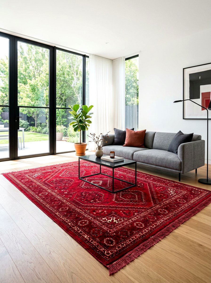 Ruby red area rug - 30 ruby red living room ideas