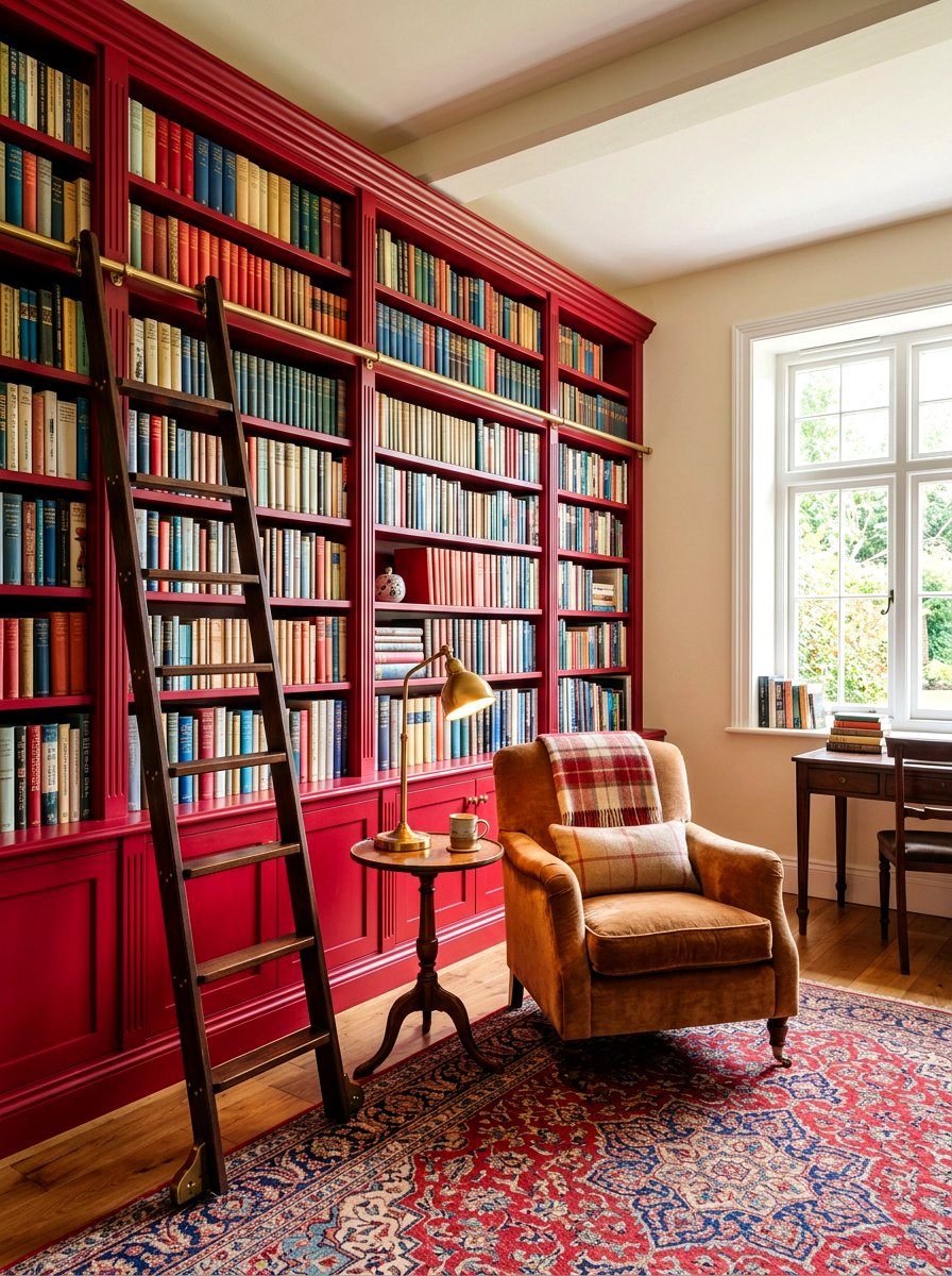 Ruby red built in bookshelves - 30 ruby red living room ideas