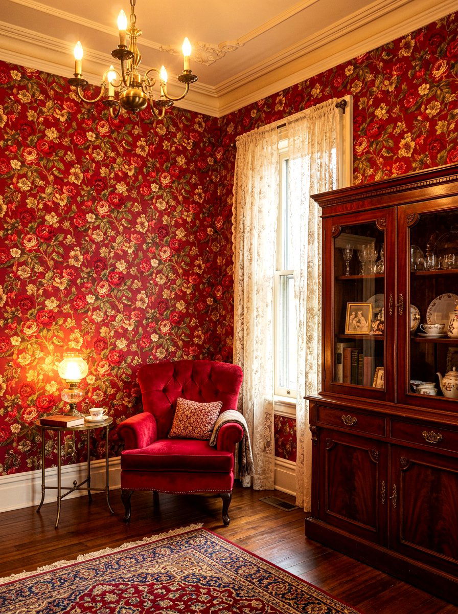 Ruby red floral wallpaper - 30 ruby red living room ideas