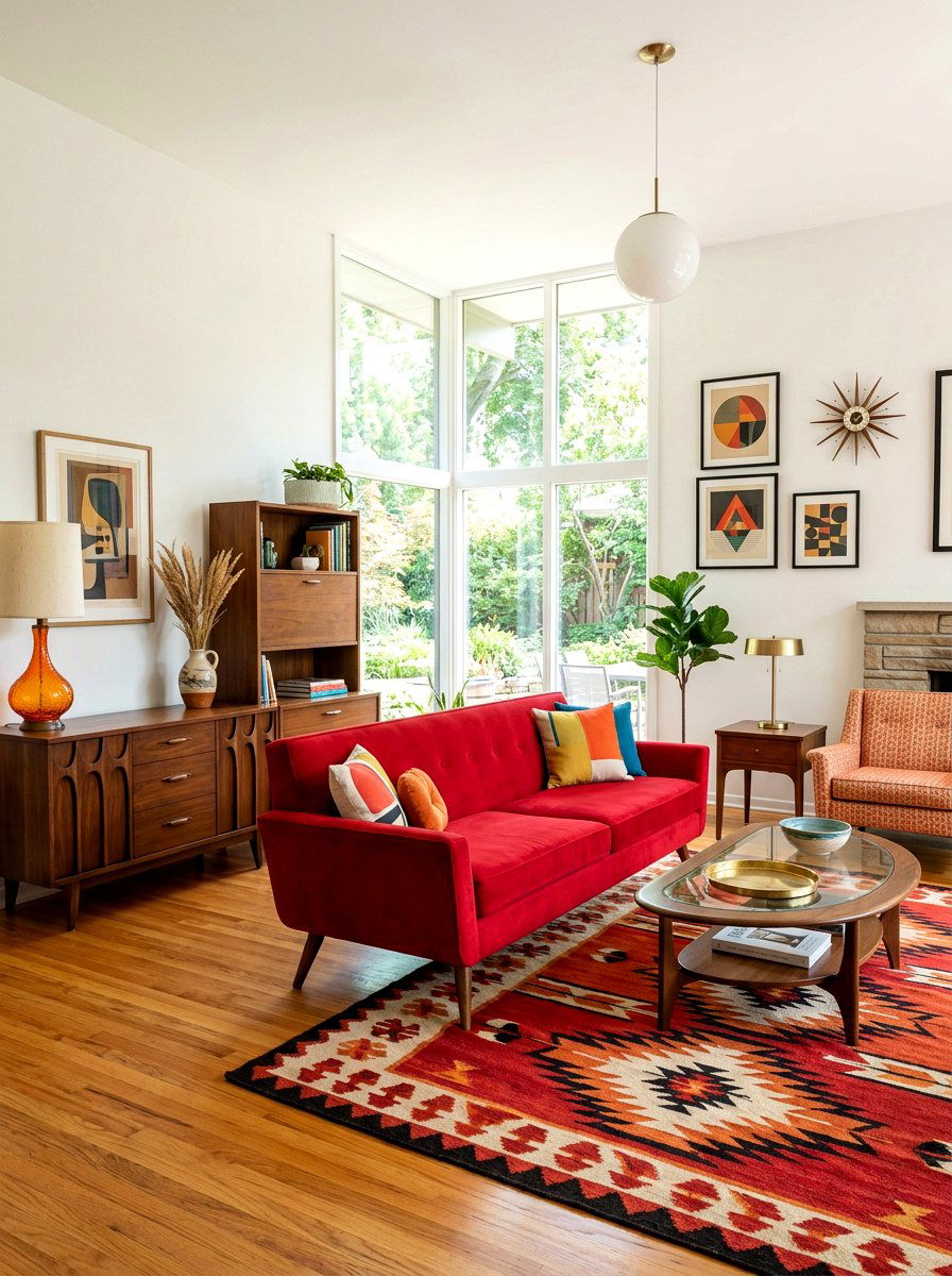 Ruby red mid century modern living room - 30 ruby red living room ideas