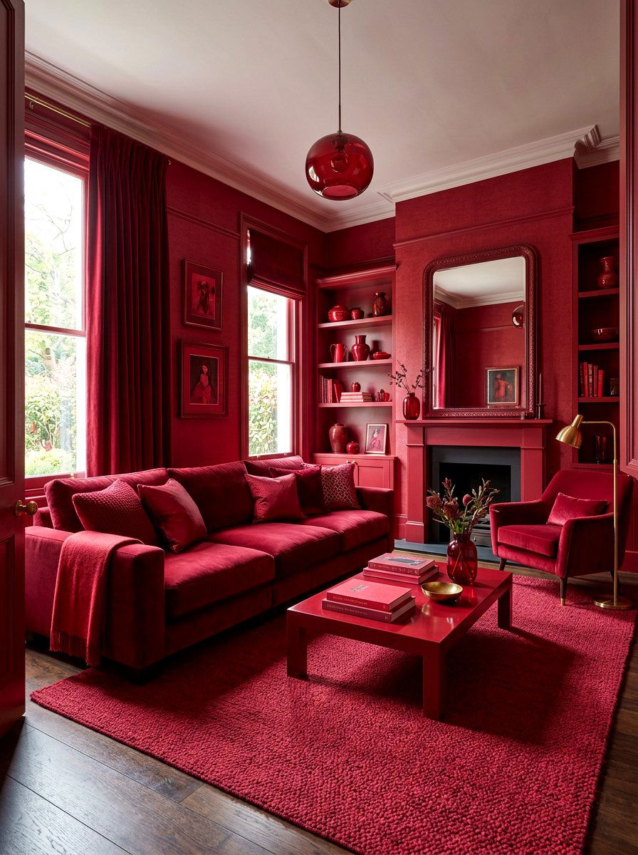 Ruby red monochromatic living room - 30 ruby red living room ideas