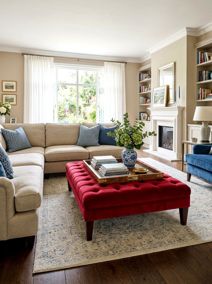 Ruby red ottoman coffee table - 30 ruby red living room ideas