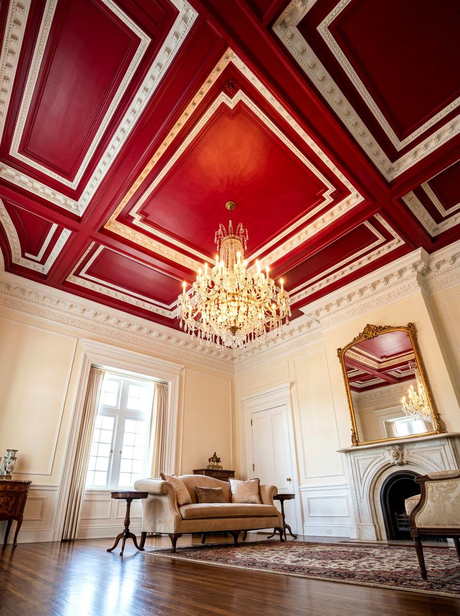 Ruby red painted ceiling - 30 ruby red living room ideas