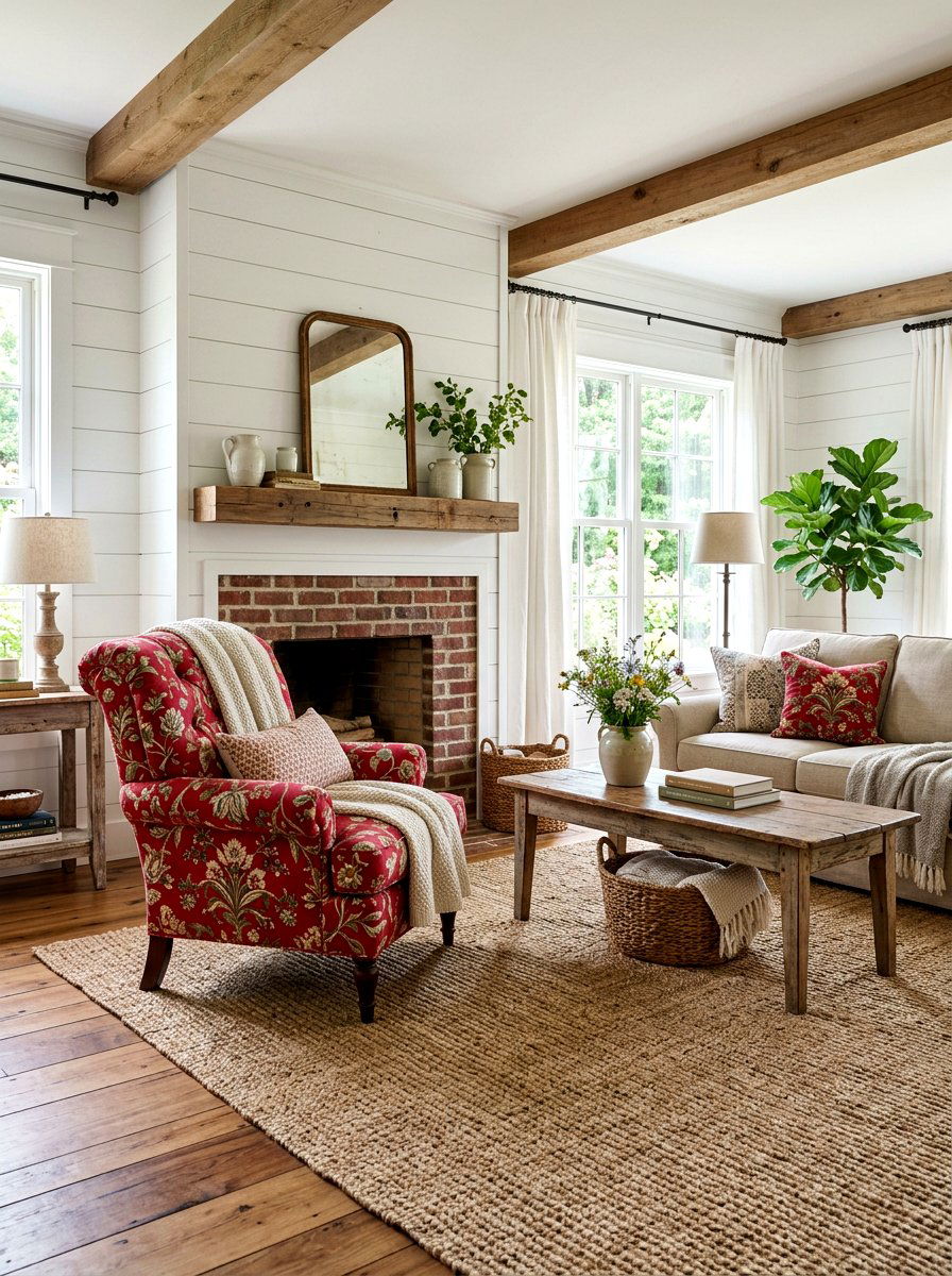 Ruby red patterned upholstery - 30 ruby red living room ideas