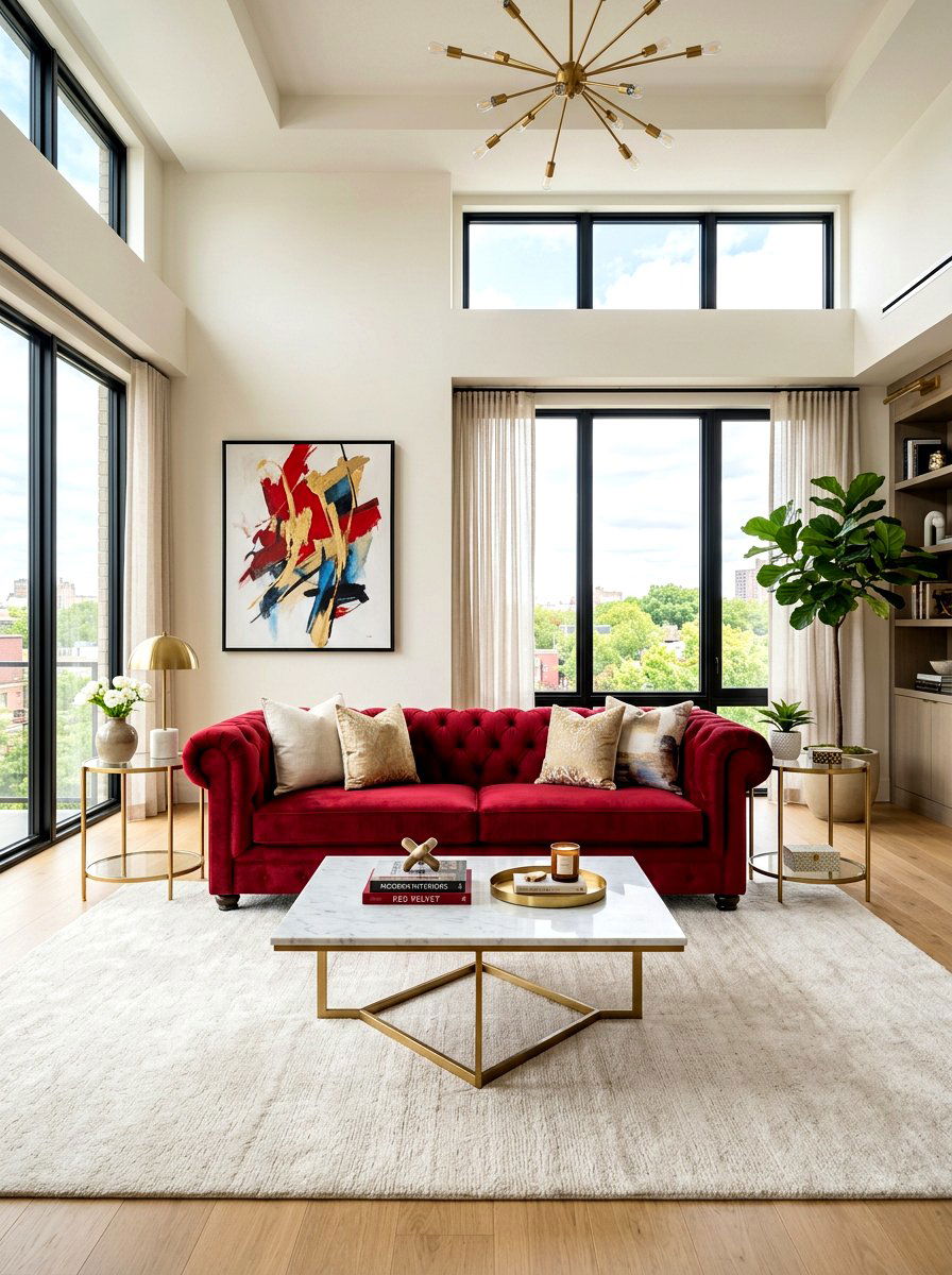 Ruby red velvet sofa - 30 ruby red living room ideas