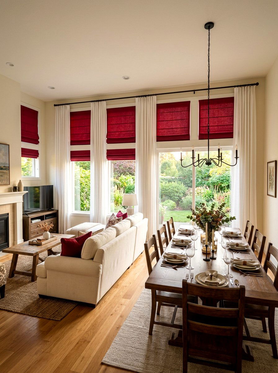Ruby red window treatments - 30 ruby red living room ideas