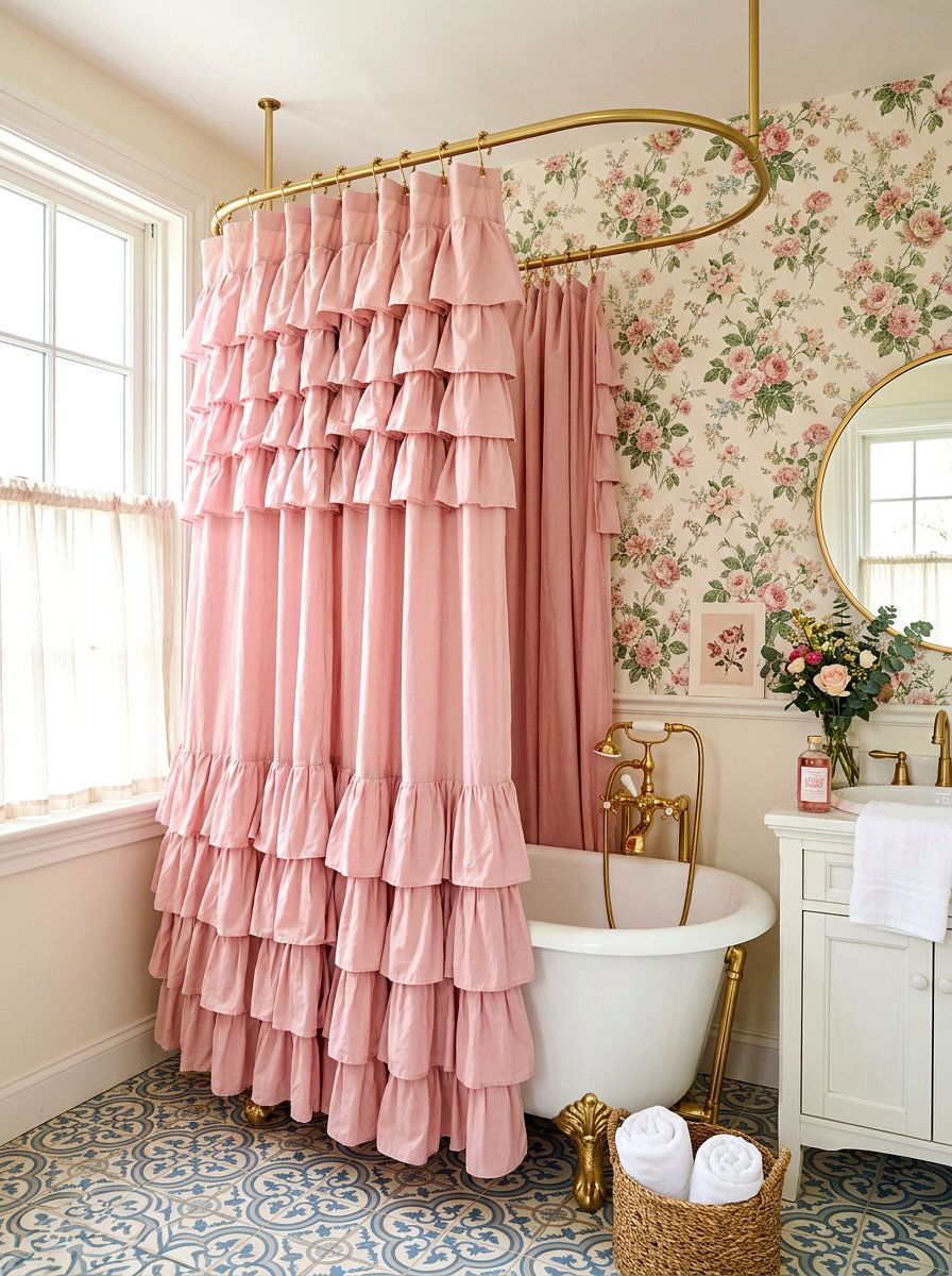 Ruffled Shower Curtain - 30 maximalist bathroom ideas