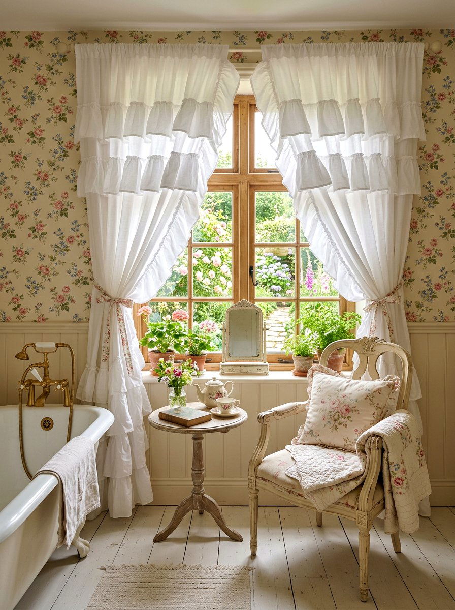 Ruffled Window Curtain - 30 granny chic bathroom ideas