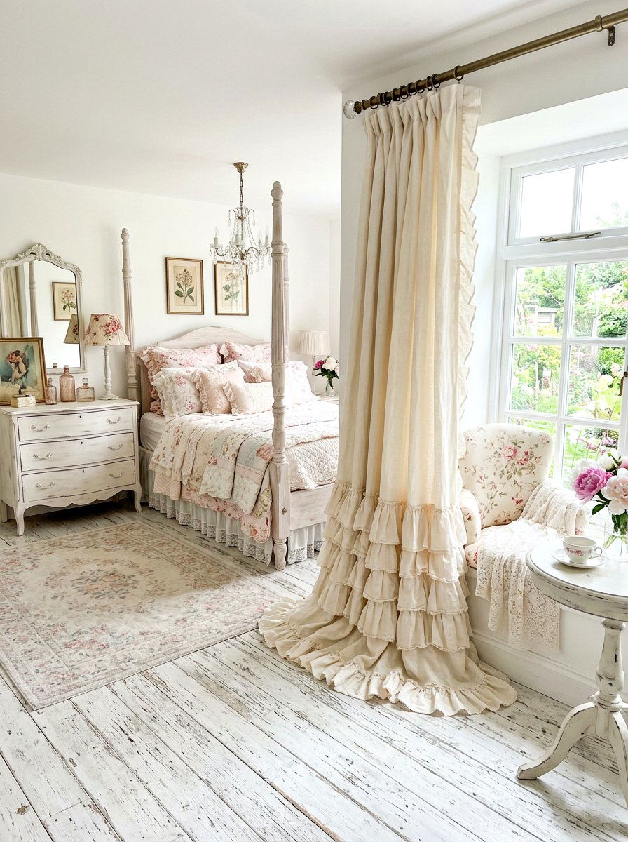 Ruffled bottom puddled curtains - 30 puddled curtains bedroom ideas