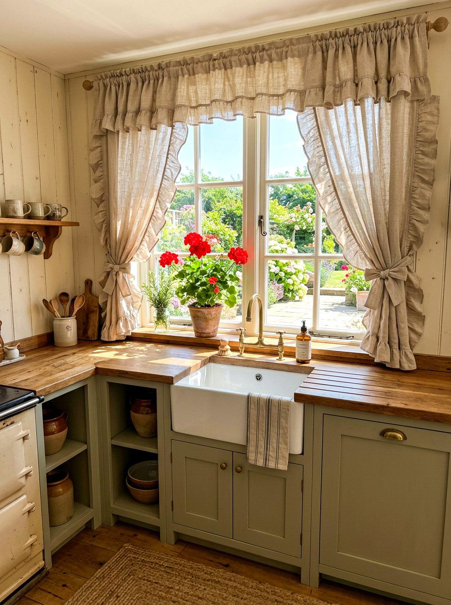 Ruffled linen curtains - 30 grandma core kitchen ideas