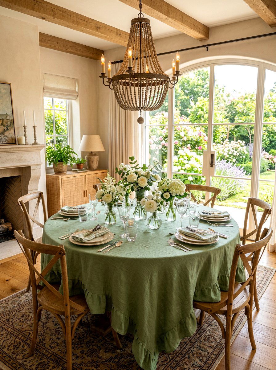Ruffled linen tablecloths in garden green - 30 cabbagecore dining room ideas
