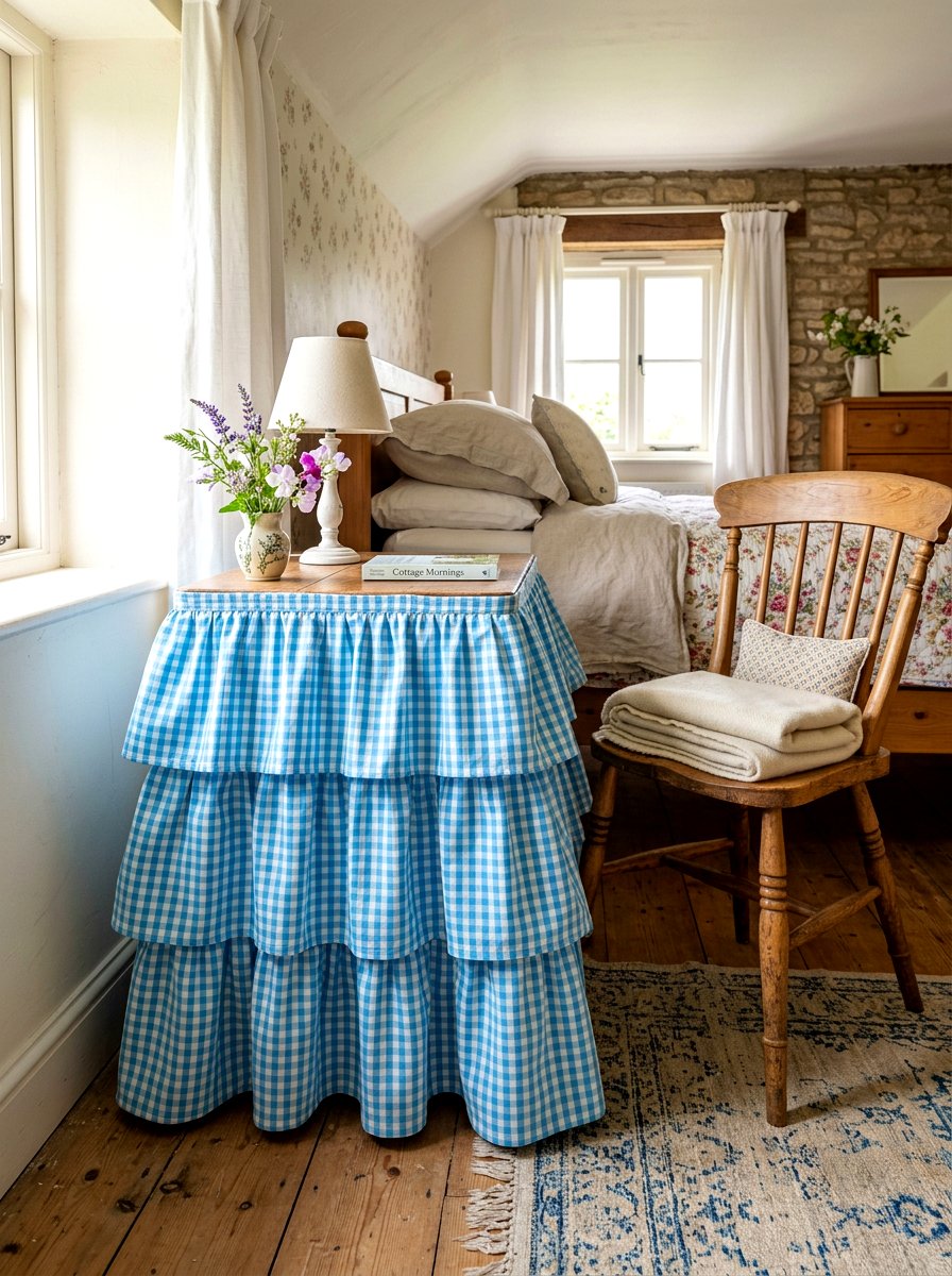 Ruffled table skirt - 30 skirted console table ideas