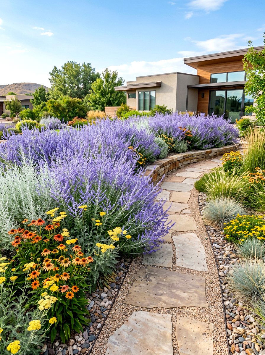 Russian sage landscape - 30 purple flower garden ideas