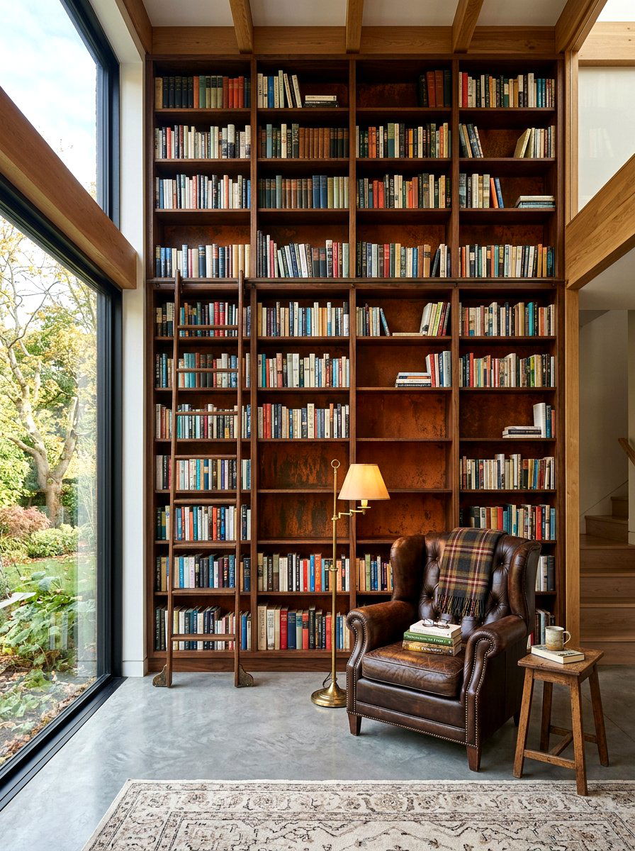 Rust Library Bookshelves - 30 rust color decor ideas