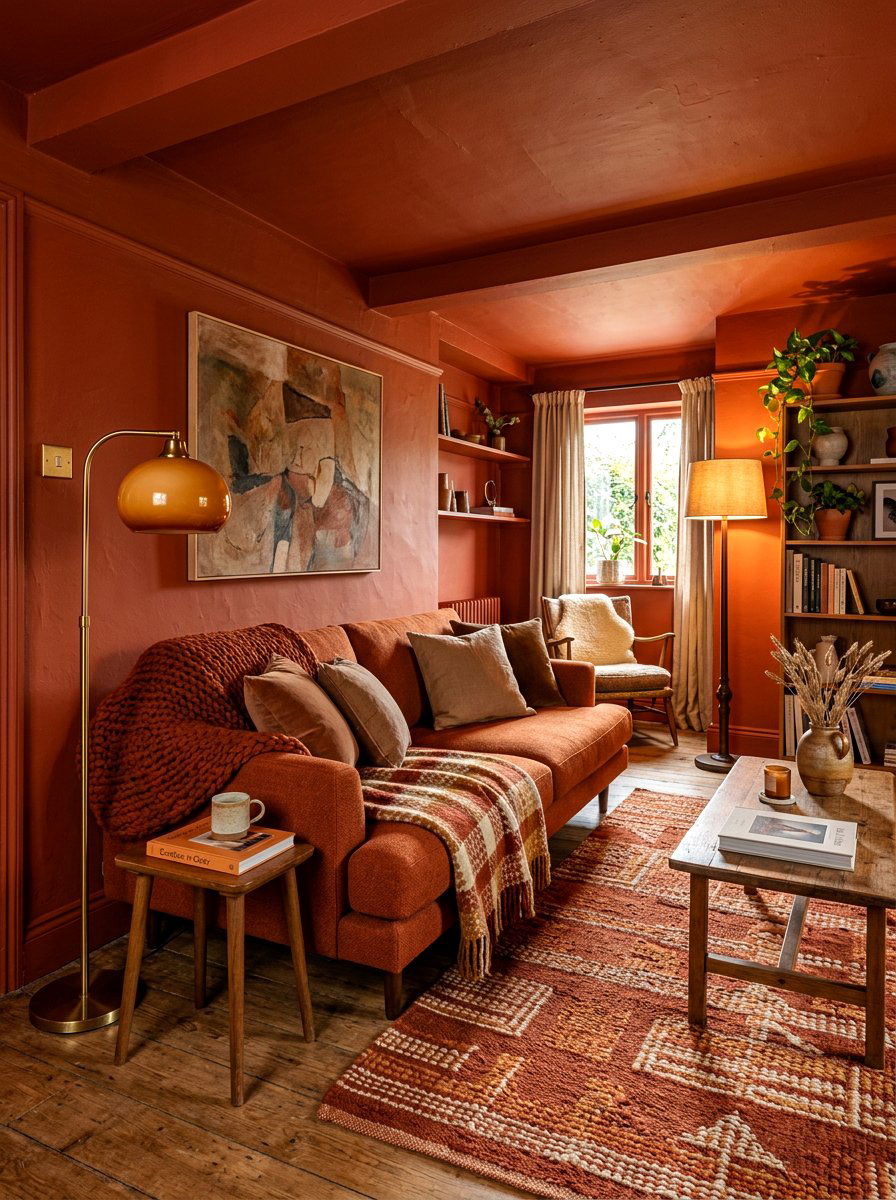 Rust Red Small Lounge - 30 color drenched small room ideas