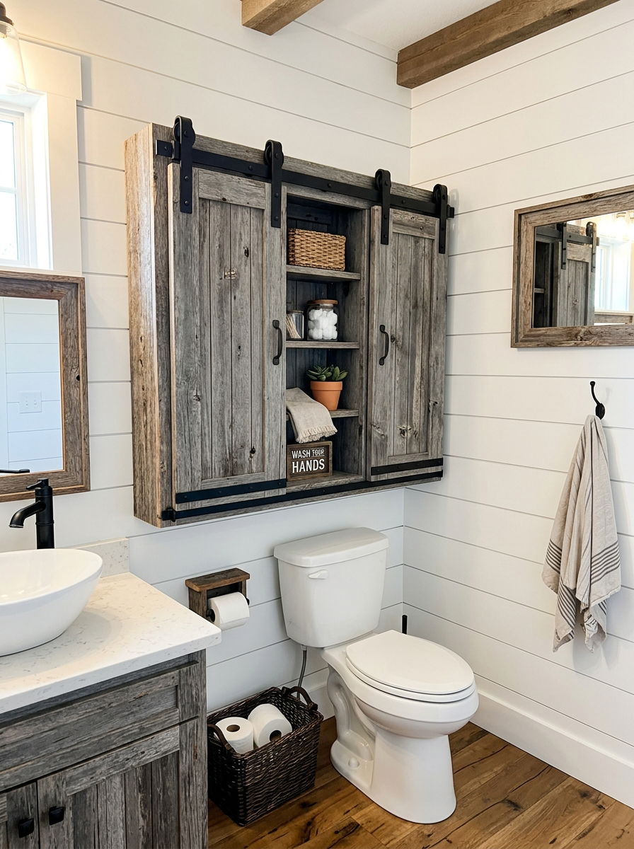 Rustic Barn Door Cabinet - 30 over toilet cabinet ideas