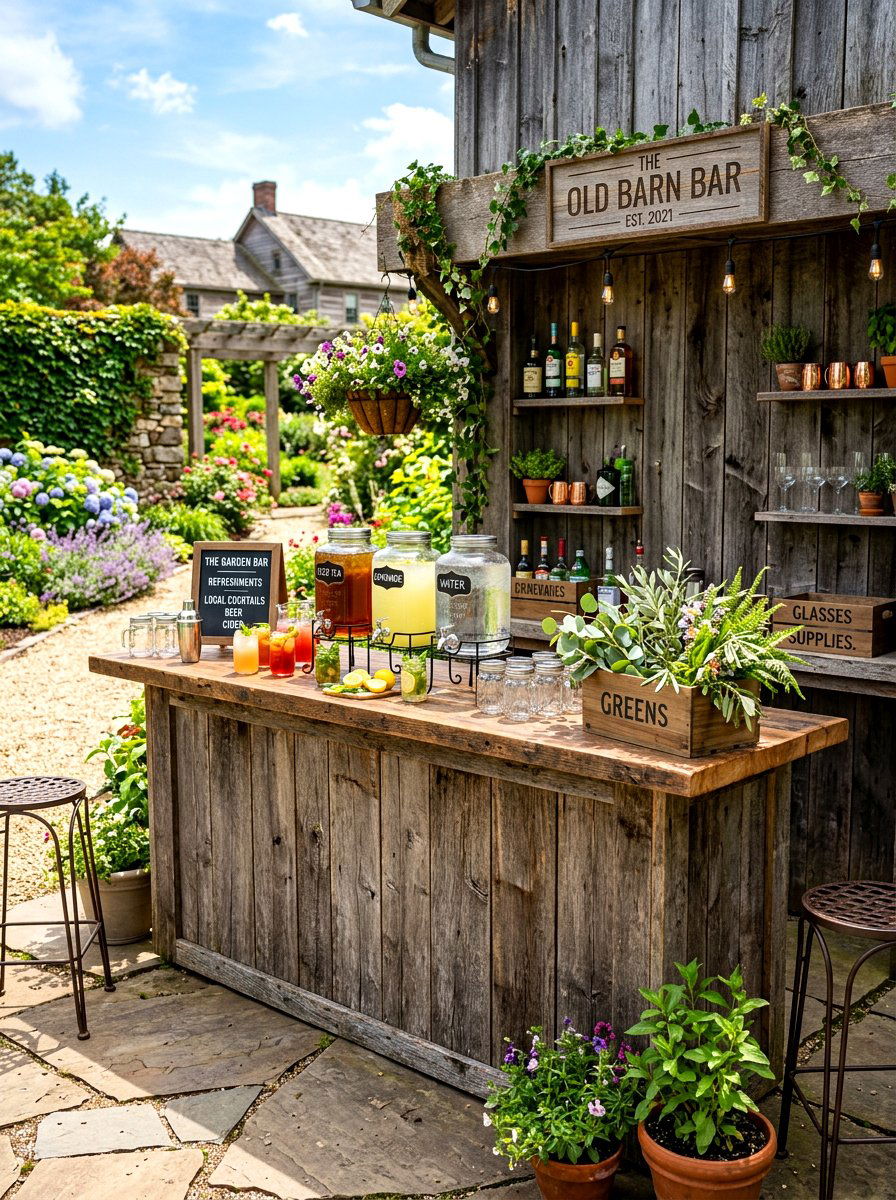 Rustic Barn Wood Bar - 30 cottage garden wedding ideas