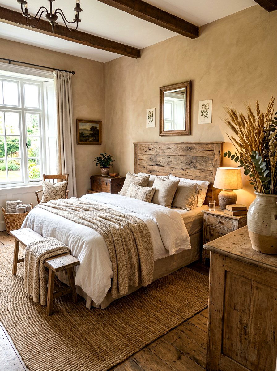 Rustic Beige Farmhouse Bedroom - 30 tonal beige bedroom ideas