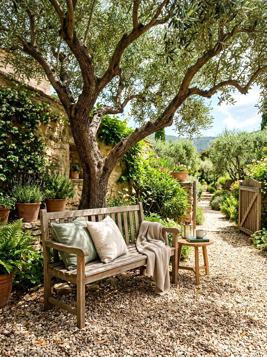 Rustic Bench Olive Tree Corner - 30 olive tree patio ideas