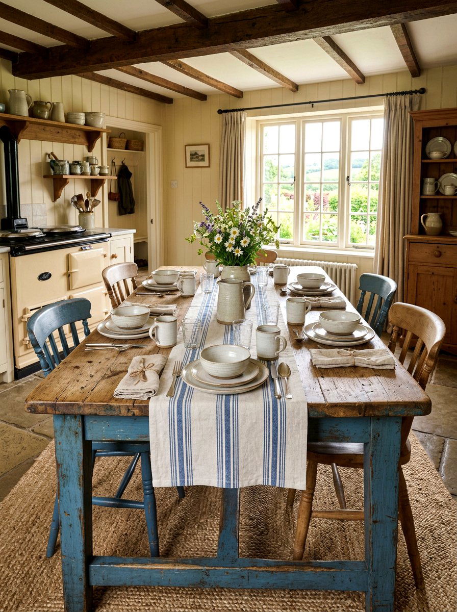 Rustic Blue Farmhouse Table - 30 blue and white table decor ideas