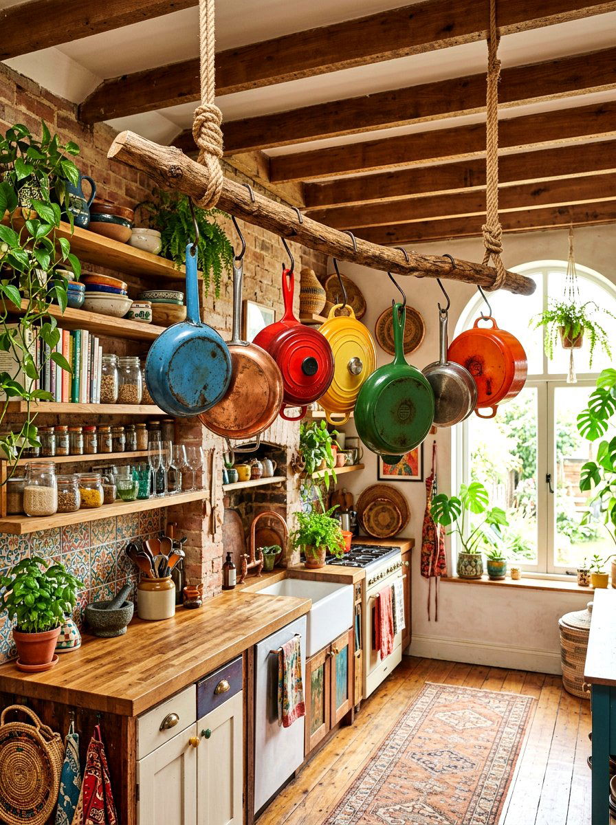 Rustic Branch Pot Rack - 30 ceiling pot rack ideas