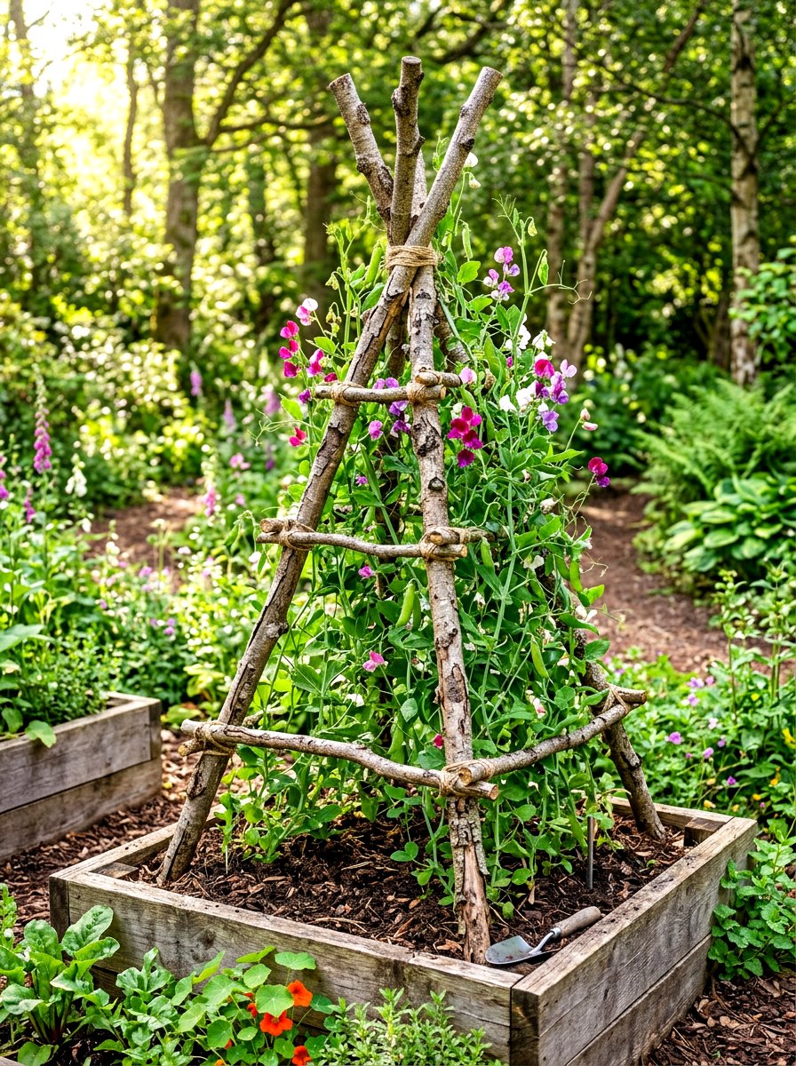 Rustic Branch Tripod Trellis - 30 raised bed trellis ideas