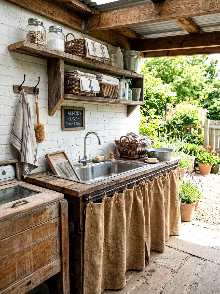 Rustic Burlap Sink Cover - 30 skirted vanity ideas