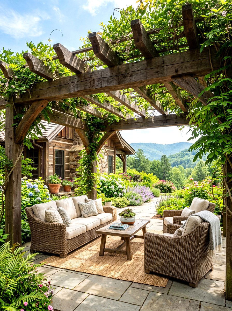 Rustic Cabin Patio Pergola - 30 mountain cabin patio ideas